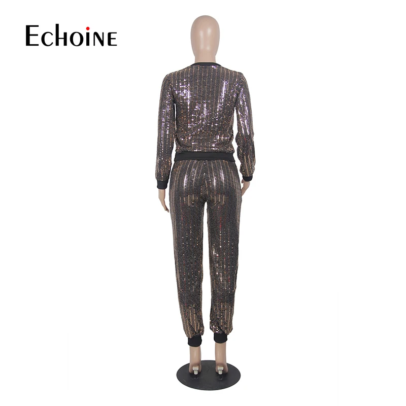 

2019 Autumn 2 Piece Set Women Sequin Sexy Club party Outfits Long Sleeve Tops+Bodycon Pants Suits Casual Two Piece Matching Sets