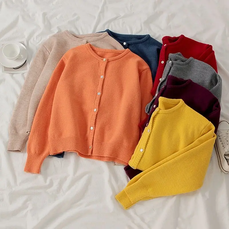 

Crew neck cardigan women's spring and autumn 2021 new women's loose solid color long sleeve sweater