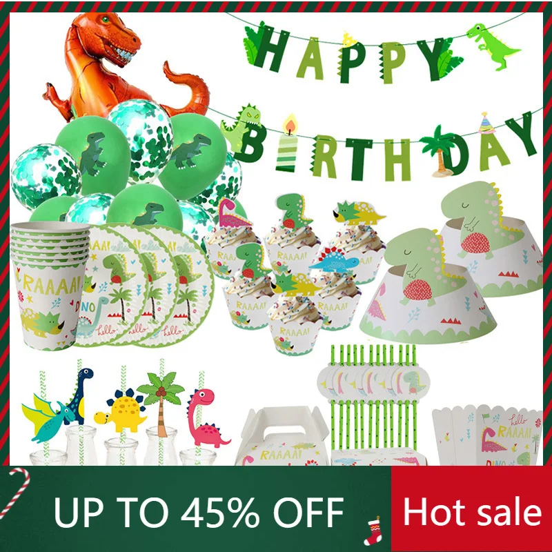 

Cute Dino Jungle Party Supplies Dinosaur Balloons Paper Straws Disposable Tableware Set Kids Boy Birthday Party Decoration