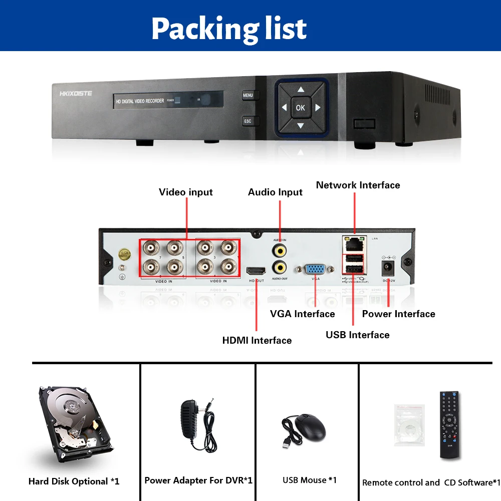 Видеорегистратор HKIXDISTE 8 каналов NVR Onvif 1080P поддержка AHD/аналоговых/TVI/CVI/IP-камер P2P