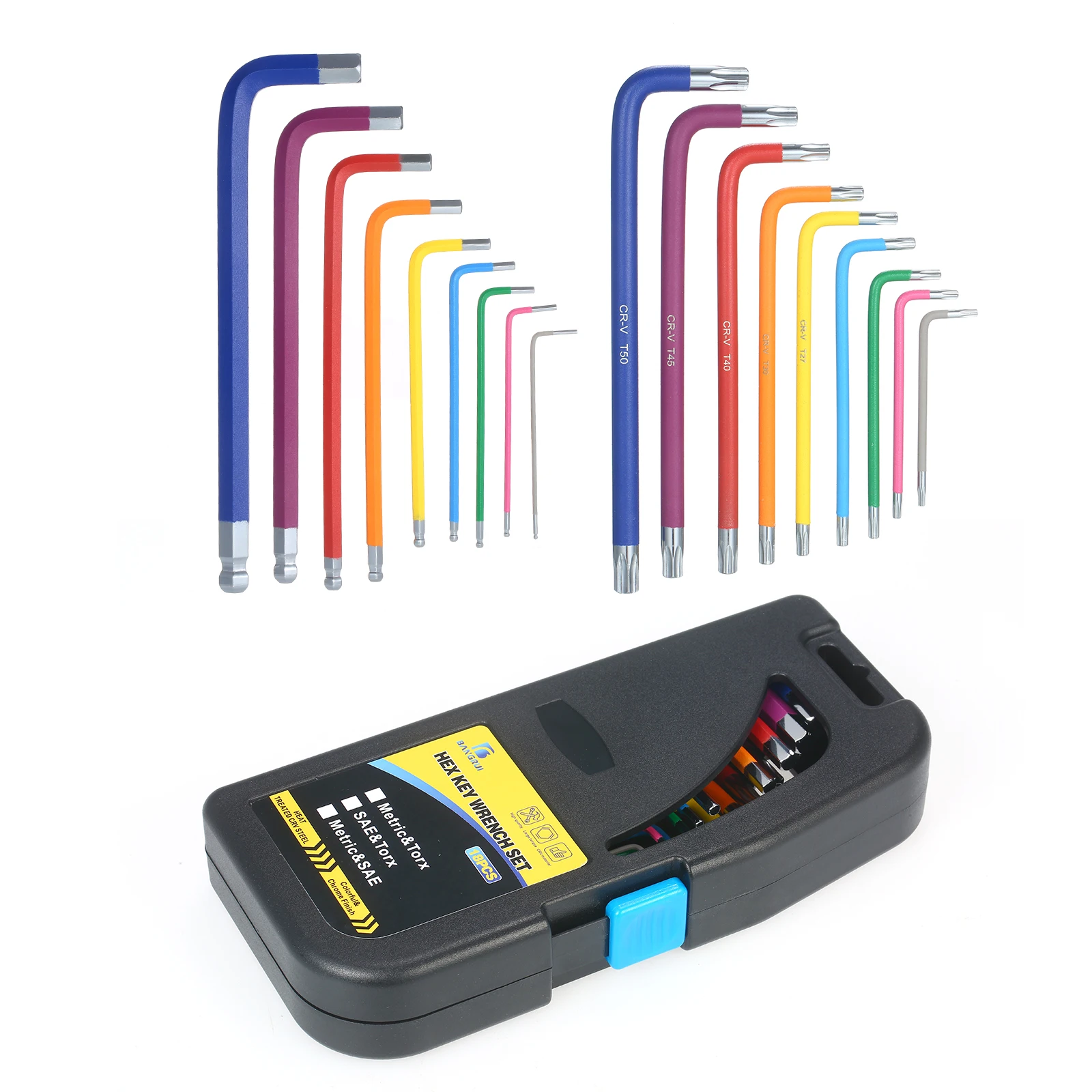 

18PCS Multicolour L-Key Set Metric Star Long Arm Ball End Hex Key Set Chrome Vanadium Steel Industrial Grade Allen Wrench Set