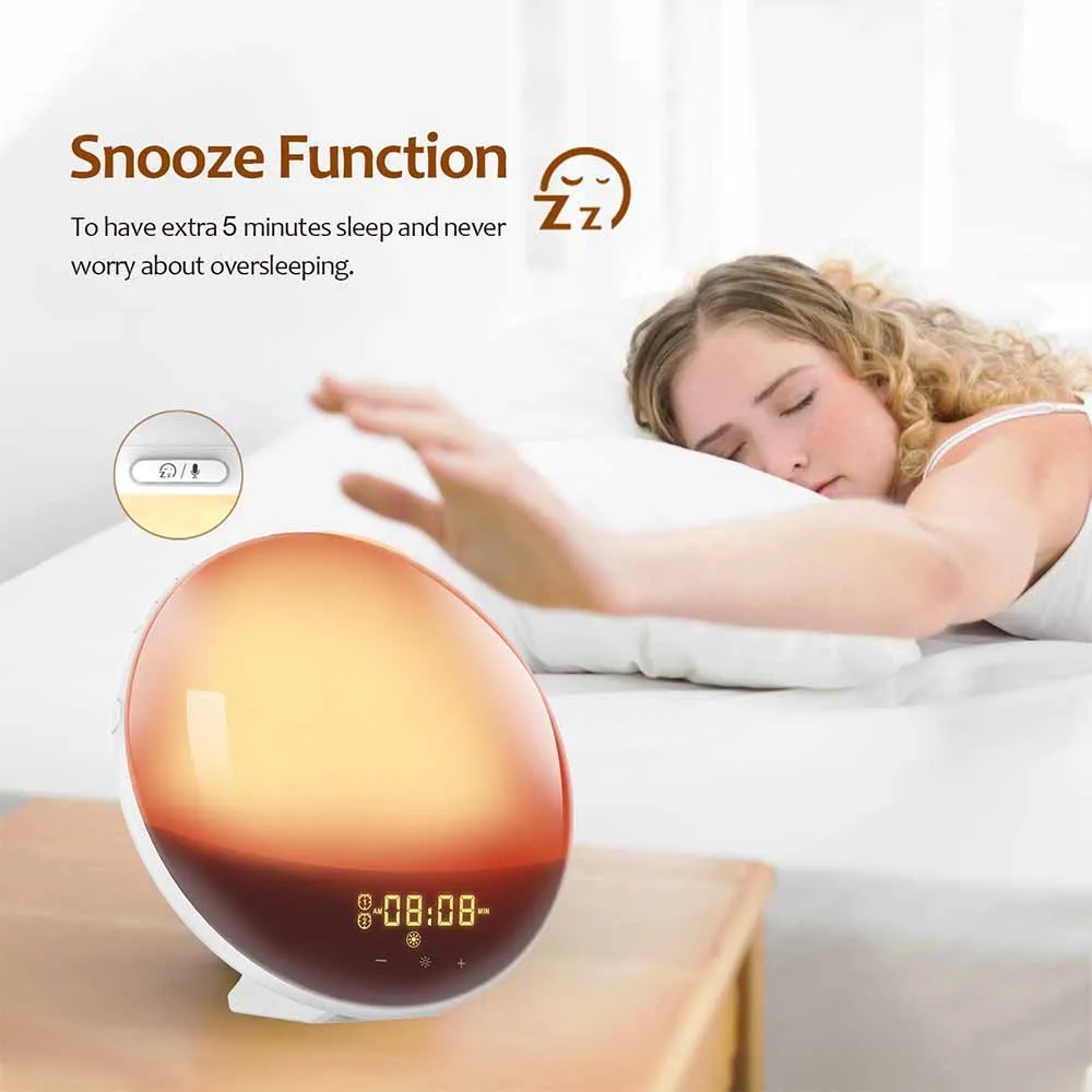 

Alarm Clock Wake Up Light Digital Snooze Nature Night Lamp Clock Sunrise Colorful Light With Nature Sounds FM Radios