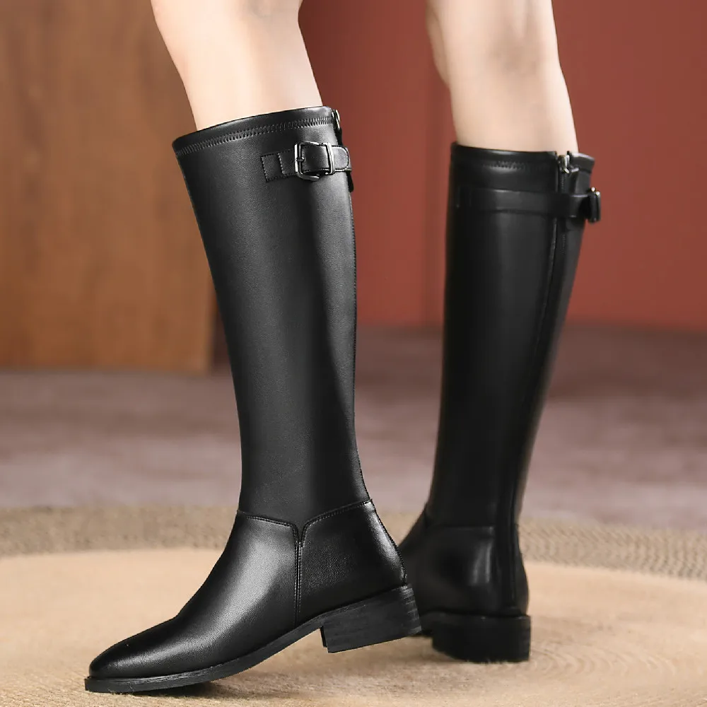 

Women's genuine leather back zip metal buckle winter warm plush knee high knight boots soft comfortable casual long boots shoes
