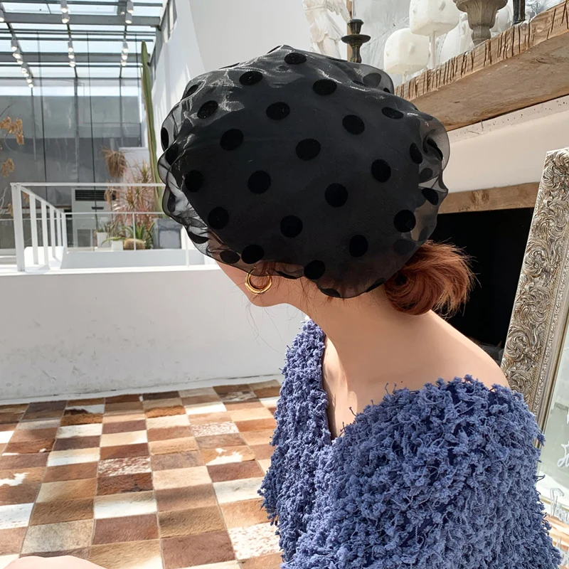 Женский винтажный берет в горошек Черный из органзы весна лето 2020|Женские береты|
