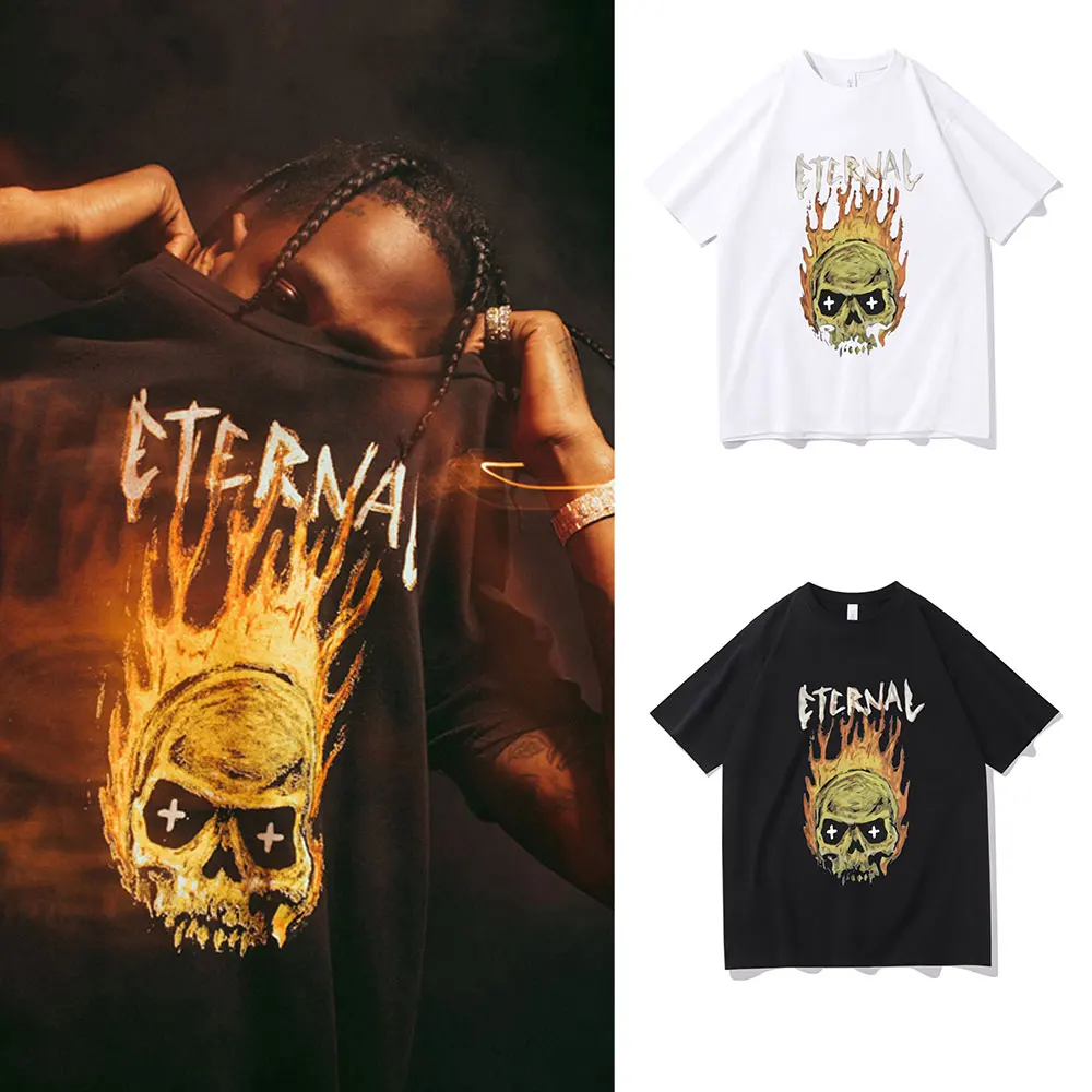 

Hot Sell Awesome Travis Scotts Same Style Print Tshirt Astroworld Men Women Flame Skull Black Dark Tee Short Sleeve Streetwear