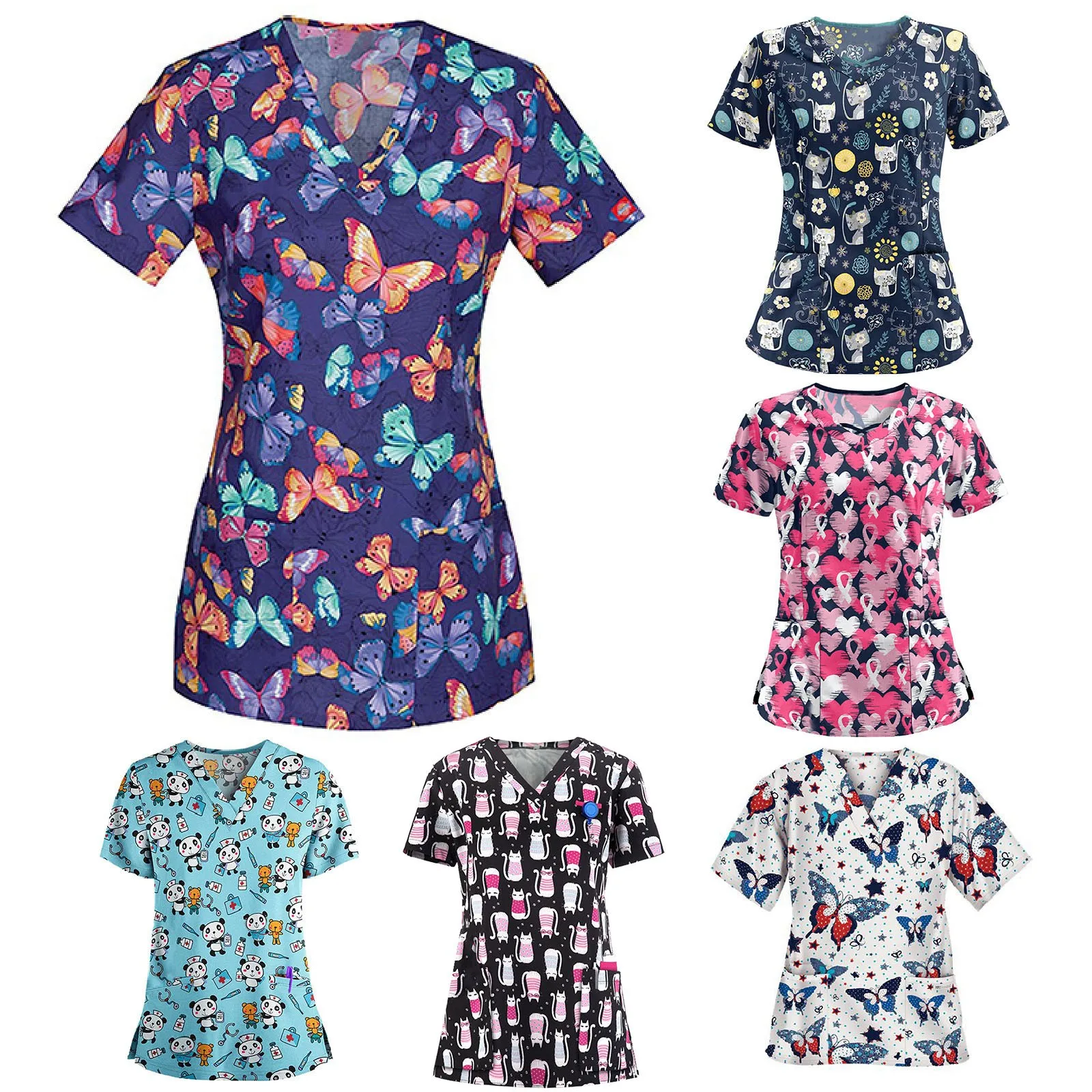 

Women Short Sleeve V-neck Tops Working Uniform Cartoon Print Blouse 2021 Summer Plus Size Hot Sale Nurse Uniform Blouse F