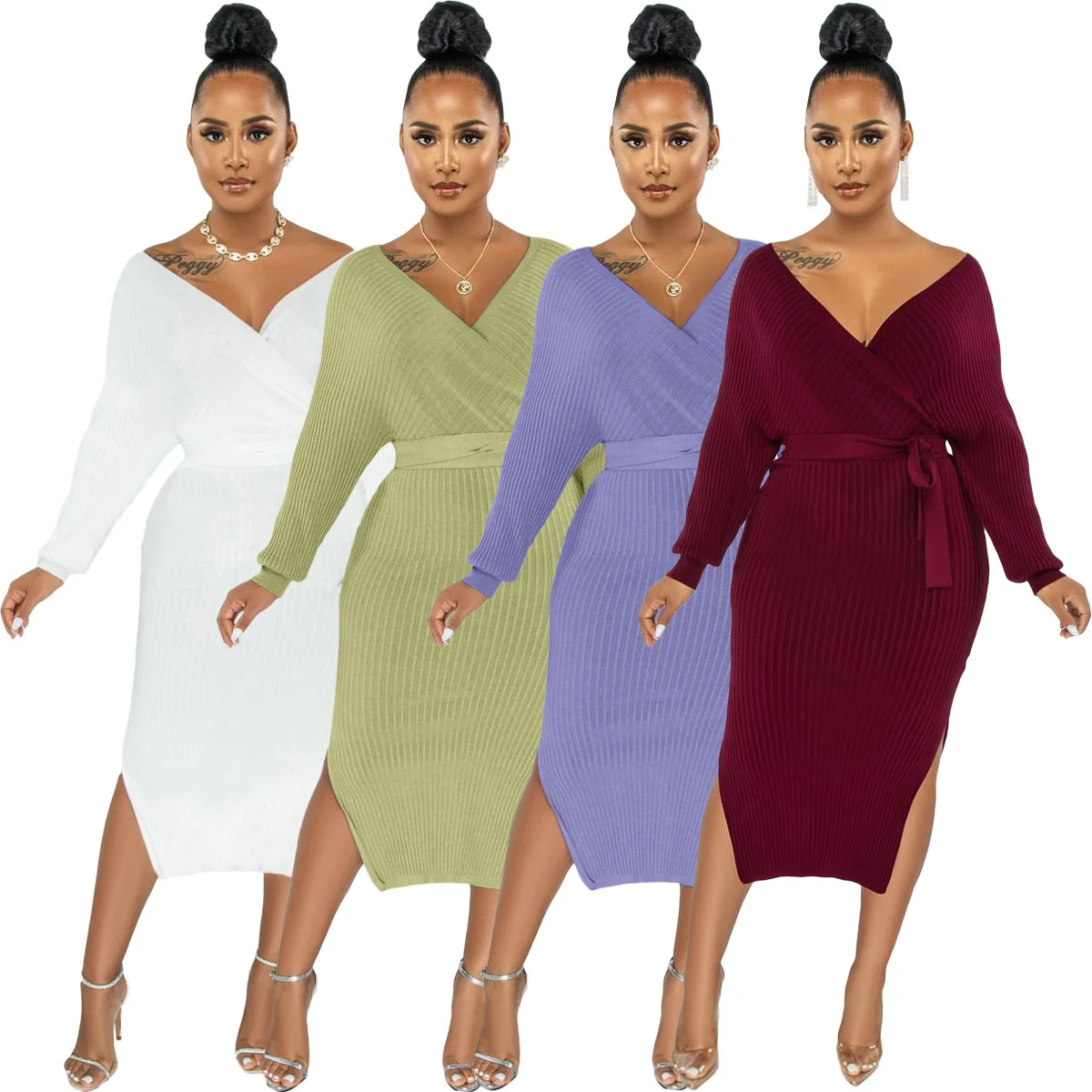 

Cutubly Long Sleeve Bodycon Dress Solid Girls Office Lady Dresses V-neck Irregular Slit Autumn Winter Female Clothing Vestidos