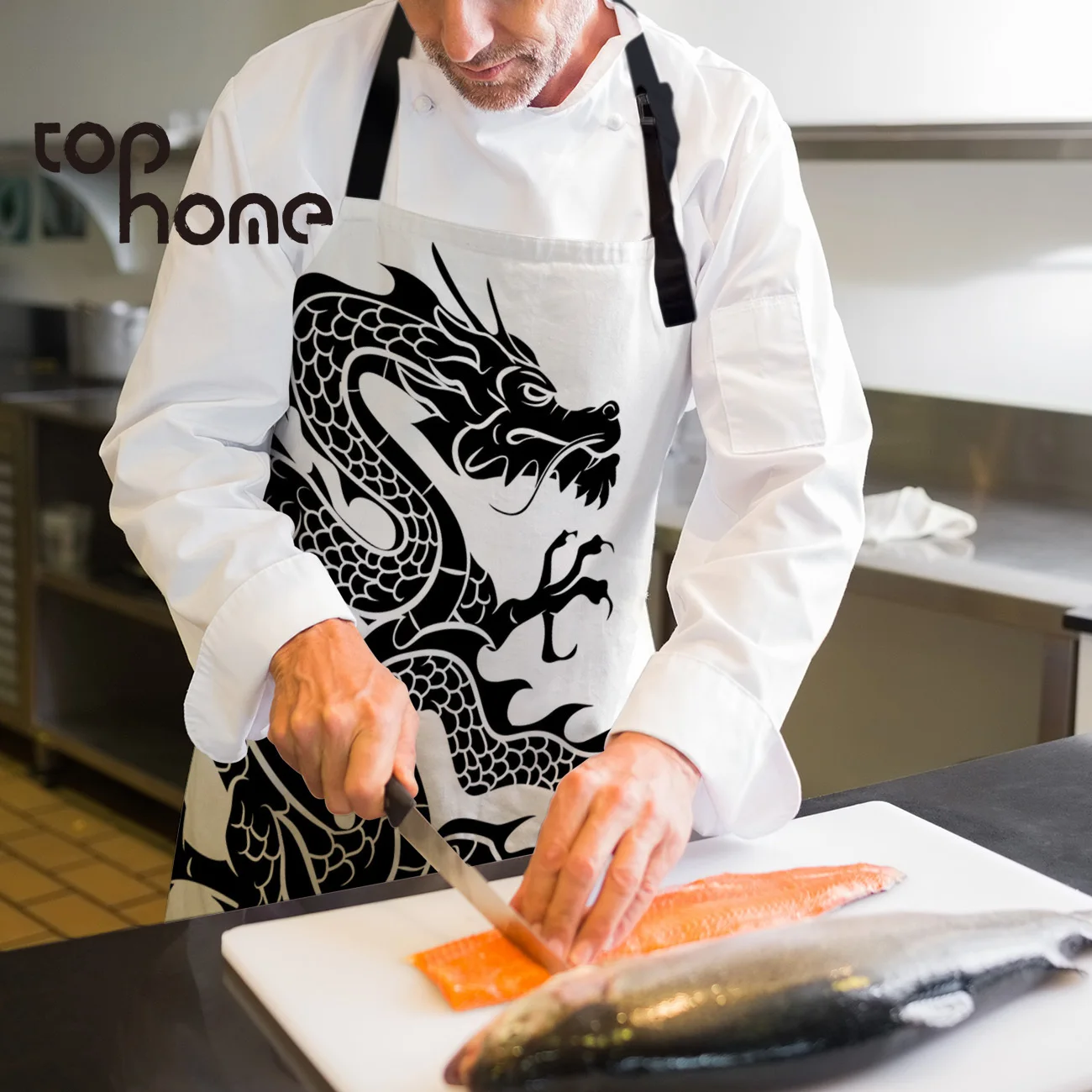 Tophome Кухонный Фартук простой черный белый дракон китайский миф удобные фартуки