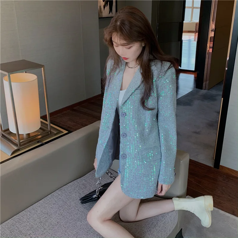 

Ladies suit 2021 new heavy industry fashion colorful sequins loose western style one-piece suit jacket woman