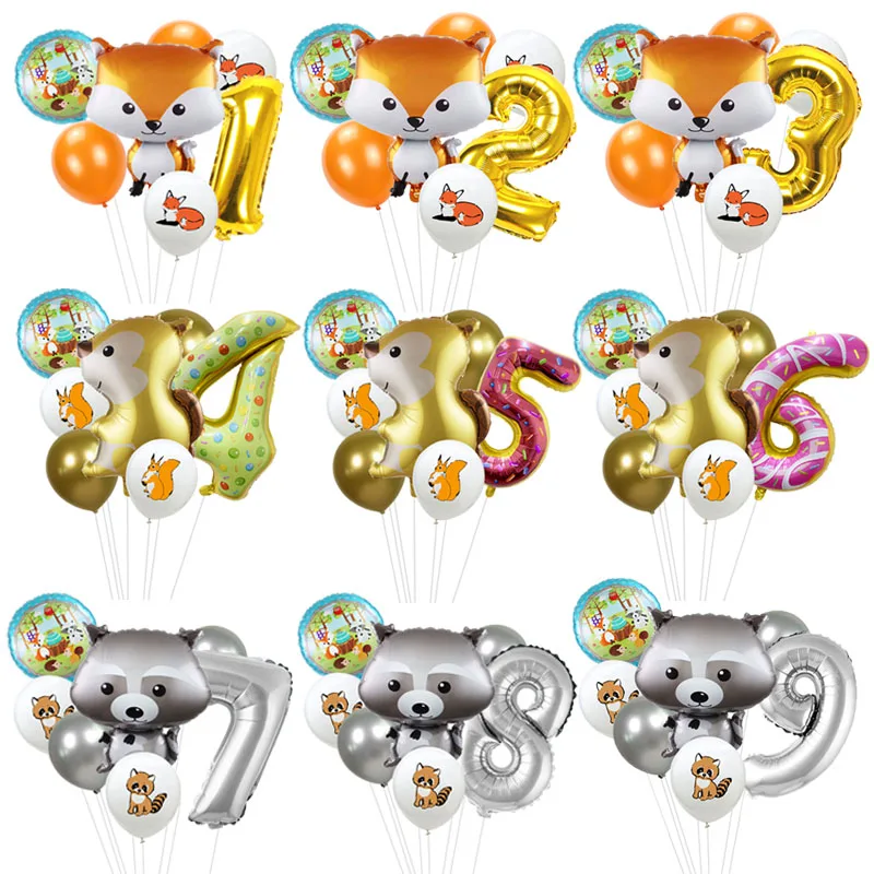 

7pcs/set Foil Animal Balloons With Fox Squirrel Raccoon Latex Balloon Number Baby Shower Globos Birthday Party Decorations Kids