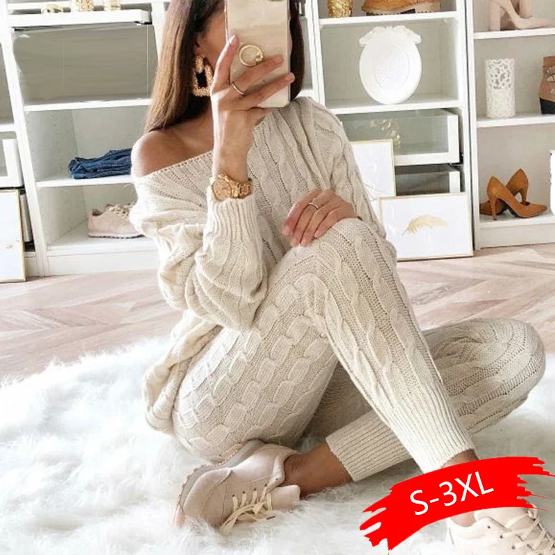 Новый осенний хлопковый женский спортивный костюм комплект из 2 предметов свитер