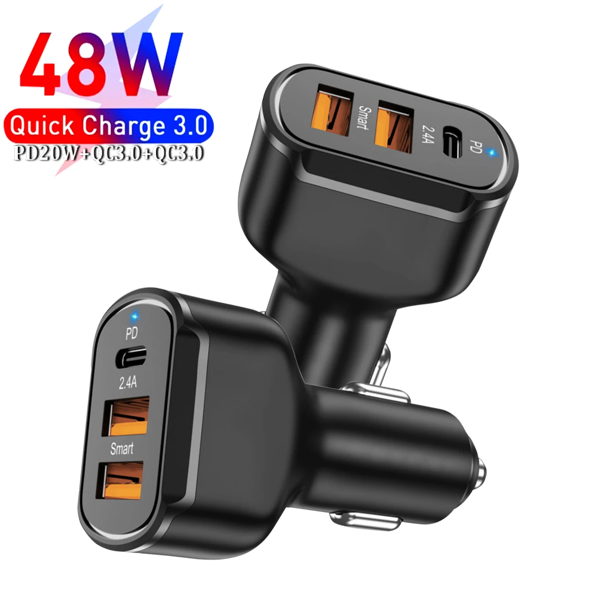 Автомобильное зарядное устройство с 3 USB-портами и поддержкой быстрой зарядки 48