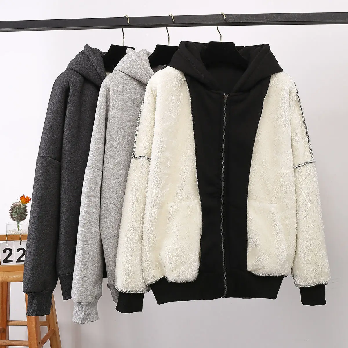 

Women Hoodies Jacket Coat Autumn Winter Causal Solid Loose Imitation Lamb Wool Thick Velvet Zipper Pockets Sweatshirt Outerwear