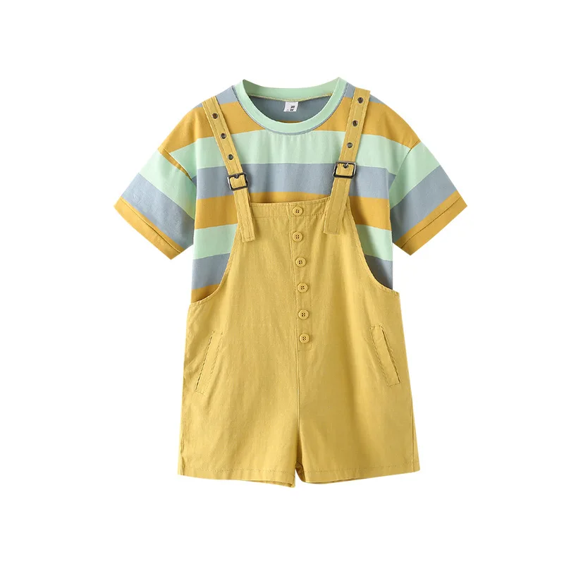 

Детский костюм с коротким рукавом для девочек, футболка в полоску + комбинезон, комплект из 2 предметов, модный новый большой девственный костюм