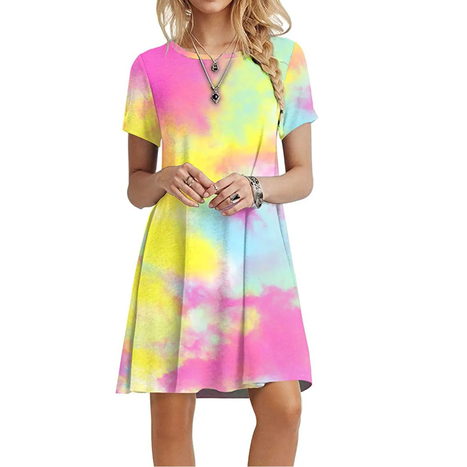 

New 2021 Tie Dye Dress Short Sleeve Round Neck Casual Women Summer Dresses Casual Loose Mini Dress Fashion Style