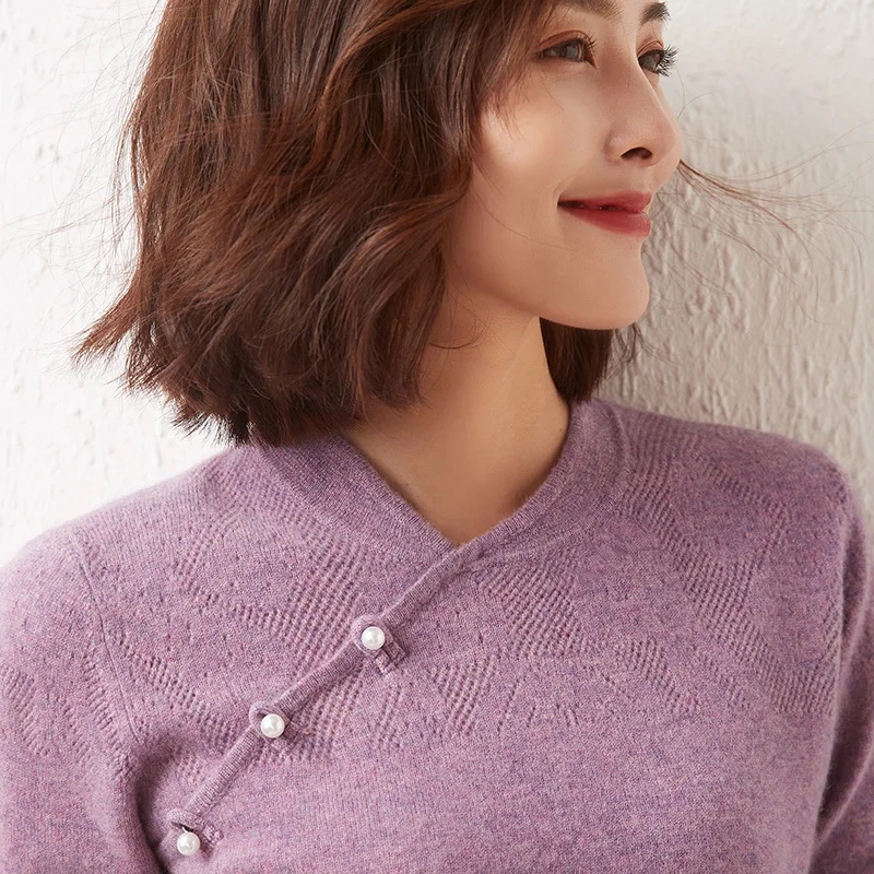 Женский пуловер с воротником-стойкой мягкий шерстяной джемпер пуговицами и
