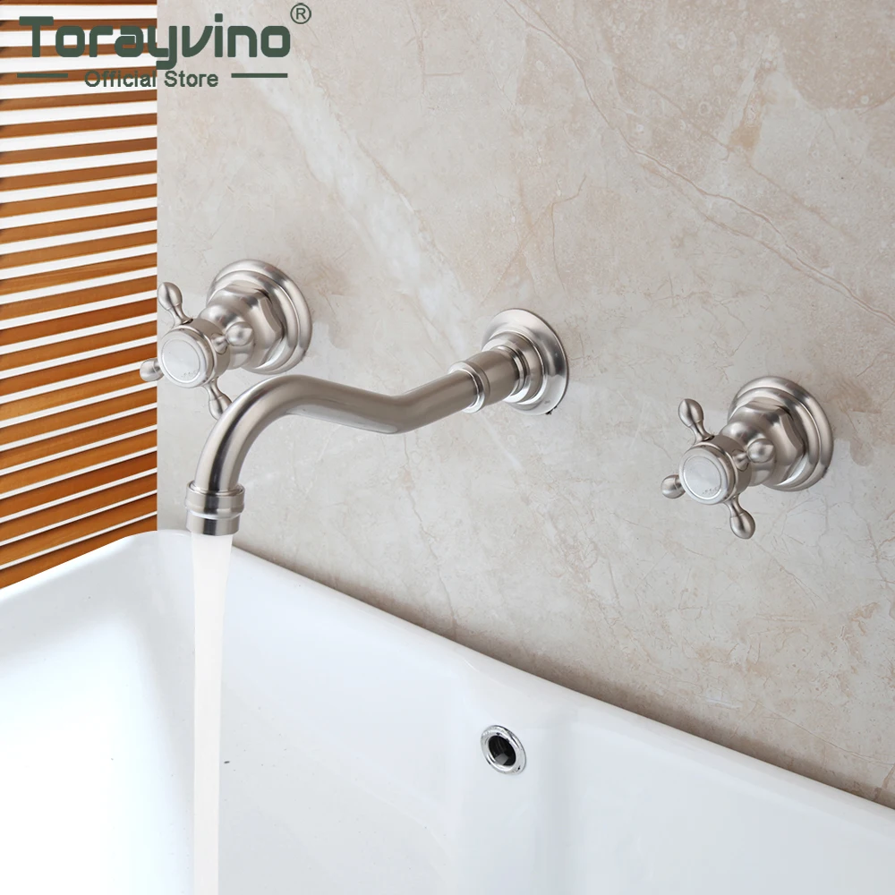 Brushed 3 Pcs Bathroom Faucet Set Basin Sink Wall Mounted Waterfall Faucet Bathtub Washbasin Mixer Water Tap