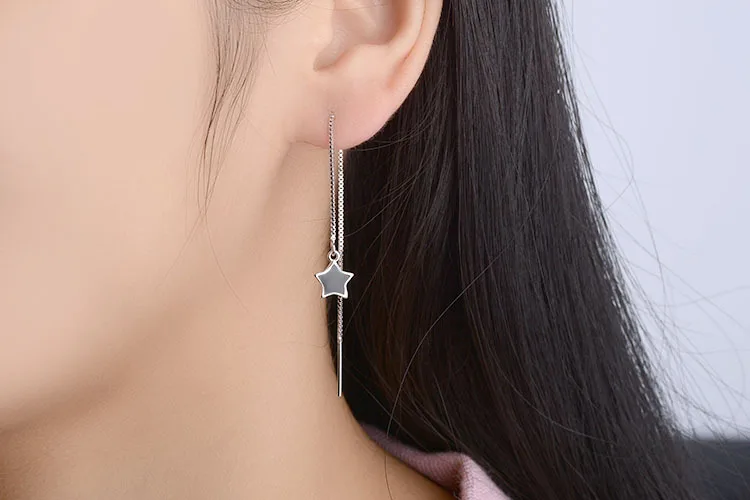 

925 Sterling Silver Tassel Black Star Charm Drop Earring For Women Fashion Wedding Jewelry eh1259