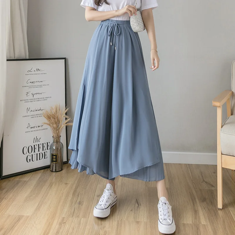 

2021 Spring Autumn New Style Pleated Chiffon Wide Leg Pants Fashion High Waist Drape Elegant Ankle-length Pants Skirt Trousers
