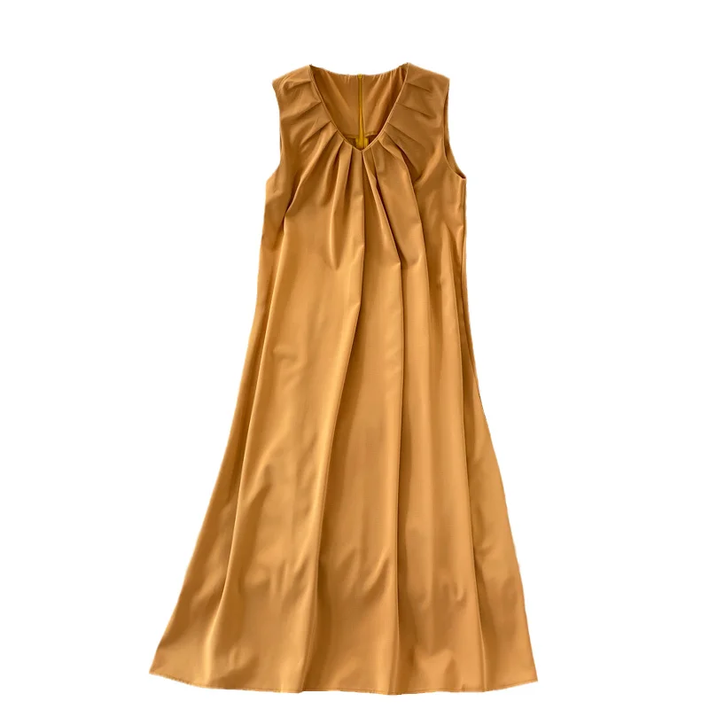 

French V-neck Loose Pleated Dress 2021 Summer New Design High Waist Straight Dresses Ladies Light Luxury Big Swing Long Dress