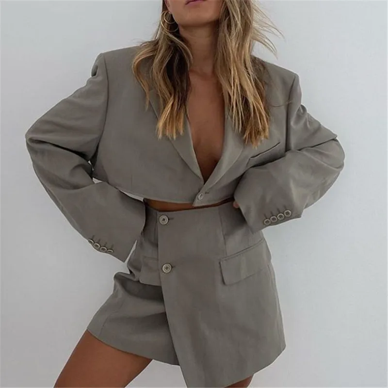 

Slim Single Button Crop Notched Top Skirt Set For Women 2021 New Sexy Button Fly Short Skirt Patchwork Solid Skirt Suit