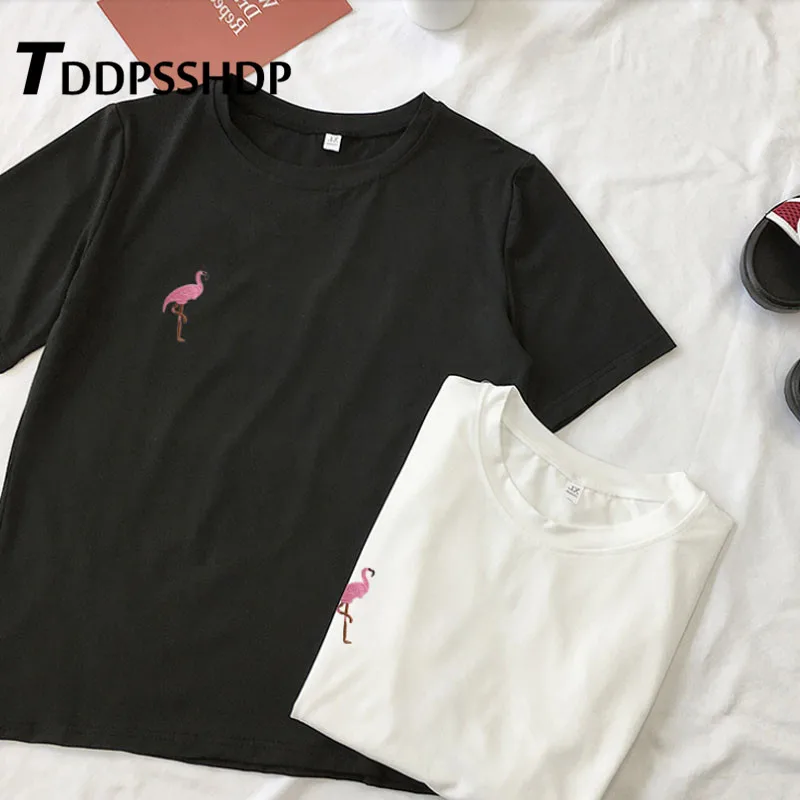 Женская футболка с вышивкой фламинго Повседневная в Корейском стиле 2019 | одежда