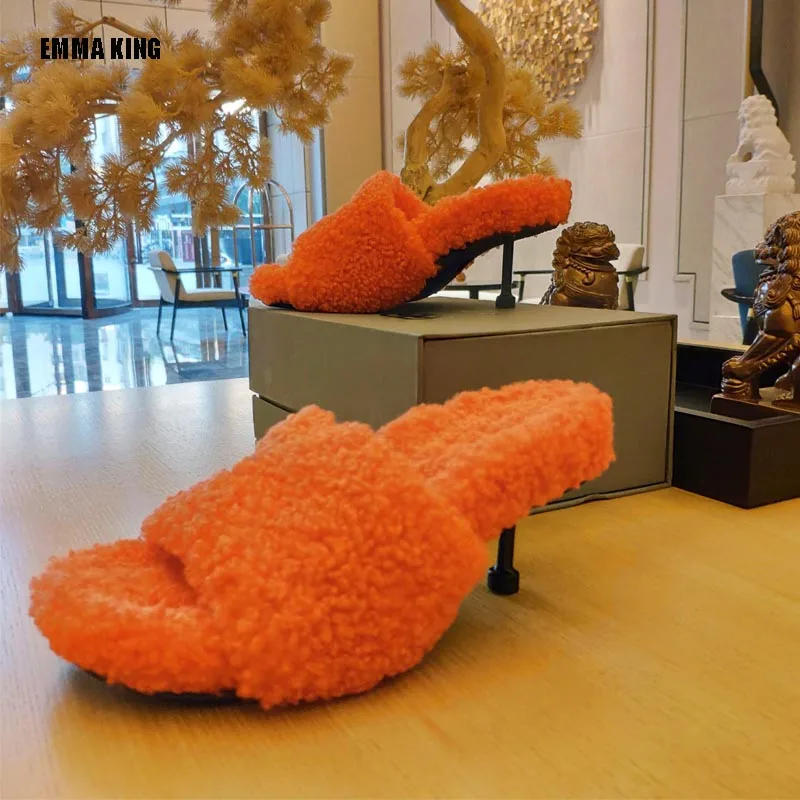

2021 New Brand Women Luxury Lamb Wool thickened Slippers Keep Warm Plush High Heel Outdoor Female Shoes High Heel