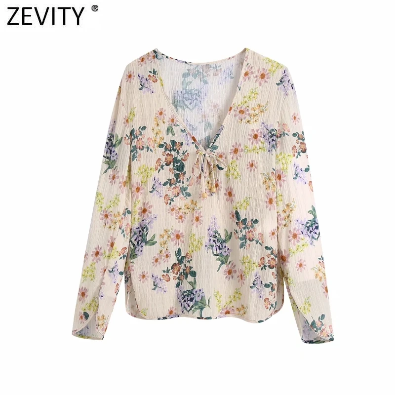 

Zevity 2021 Women Sweet V Neck Floral Print Texture Slim Smock Blouse Female Lace Up Split Sleeve Shirts Roupas Chic Tops LS9510