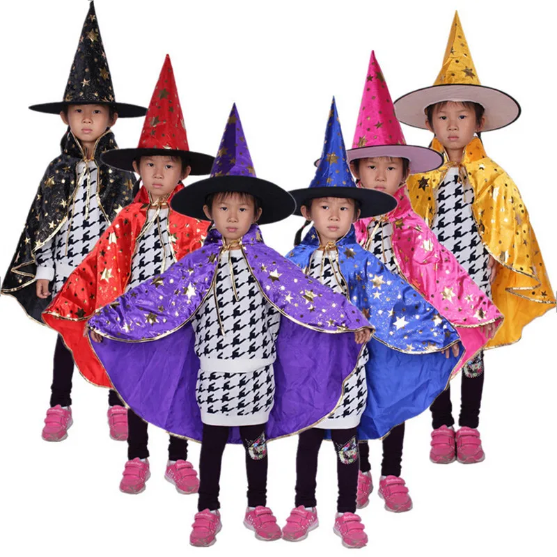 Halloween Costumes Witch Cloak Children Dark Magician Cape Robe With Pointy Hat Girls Boys Cosplay Kids Birthday Party Supplies