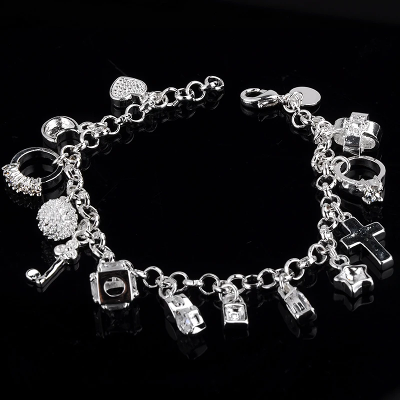 Fashion Trendy Jewelry Chic Silver Color Plated Bracelet Moon Heart Lock Cross Charm Bracelet 13 Pendants Bracelet images - 6
