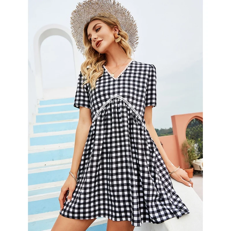 

Women's Plaid V-Neck A-Line Black and White Plaid Dress Black
