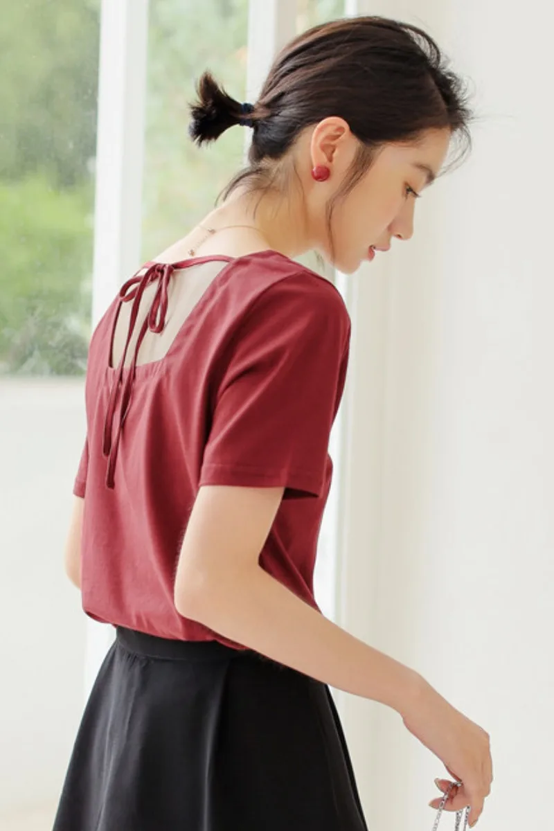 

Women's Summer Chic T-shirts Square Collar Short Sleeve Back Lace-up Bow Solid Color Fresh Loose Tees Sweet Elegant Tshirt 2021