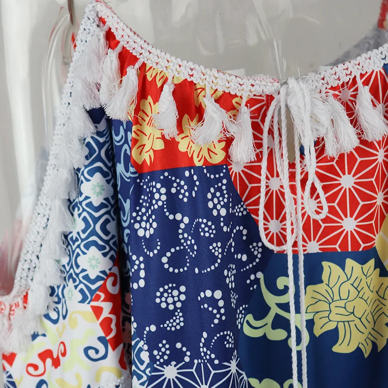 

WEPBEL Summer Sexy Printed Dress Women's Fashion Spaghetti Strap Backless Tassel Stitching O-Neck Loose Bohemian Beach Dress