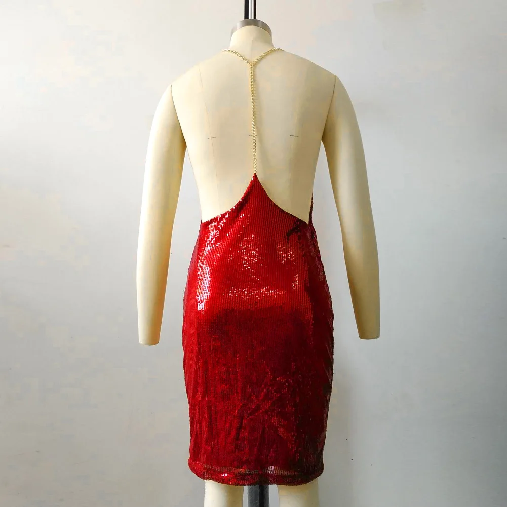 

Women Sexy Glitter Sequin Deep V Neck Backless Bodycon Mini Party Dress Clubwear