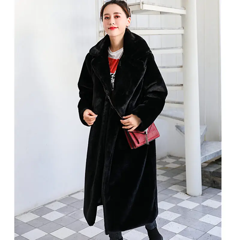 Winter Women High Quality Faux Rabbit Fur Coat Luxury Long Fur Coat Loose Lapel OverCoat Thick Warm Plus Size Female Plush Coats