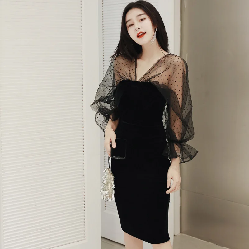 Осенне зимнее черное платье в горошек с принтом женское вечернее пышными