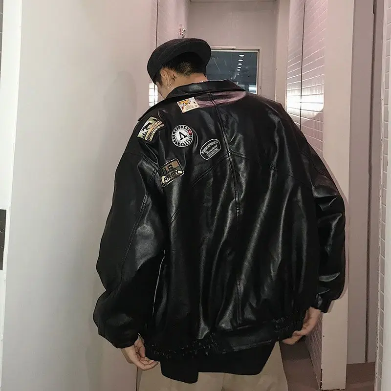 

Black Leather Jackets Men's Bomber Jacket 2022spring Autumn New Loose Korean Fashion High Street Hip-hop Style Motorcycle Jacket