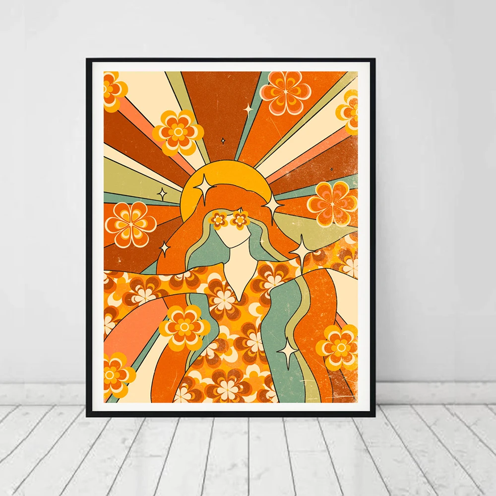 

70s Floral Pattern Printing Nordic Home Decoration Wall Art Flower Girl Hippie Retro Poster Love Summer Prints and Pictures