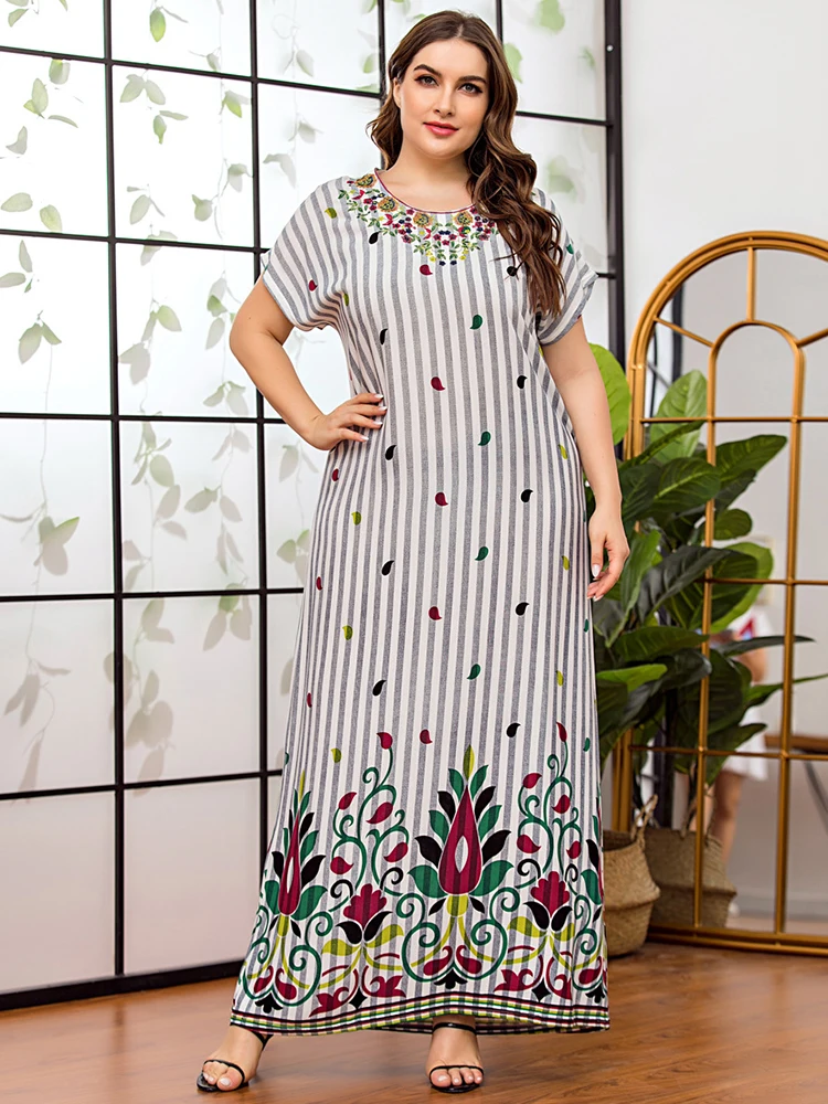 

Siskakia Indie Folk Dress Chic Neckline Embroidery Stripe Long Dress Short Sleeve Summer Comfortable Viscose Print Arab Clothing