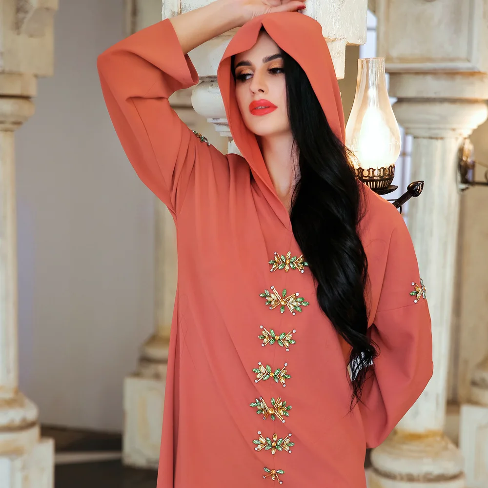 Sunset Red Diamonds Hooded Robe Dubau Abaya Turkey Muslim Dress Middle East Southeast Asia Women's Robe Muslim Fashion Donsignet