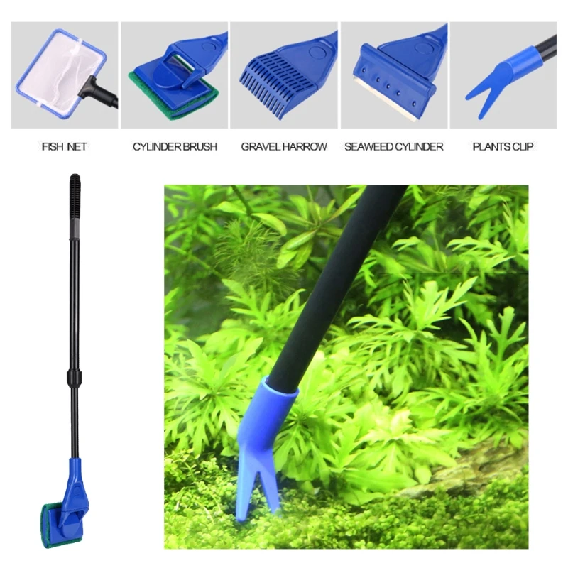 

Multipurpose 5 in 1 Aquarium Cleaning Tools Clean Fish Tank Brush Set Fish Net Gravel Rake Algae Scraper Fork Durable Glass
