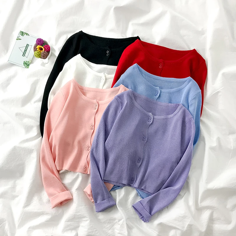 Kawaii Cropped Cardigans Women Knit Crop Sweater Top purple Black Sexy Sweaters Cute Knitted Vintage Korean GD347 |