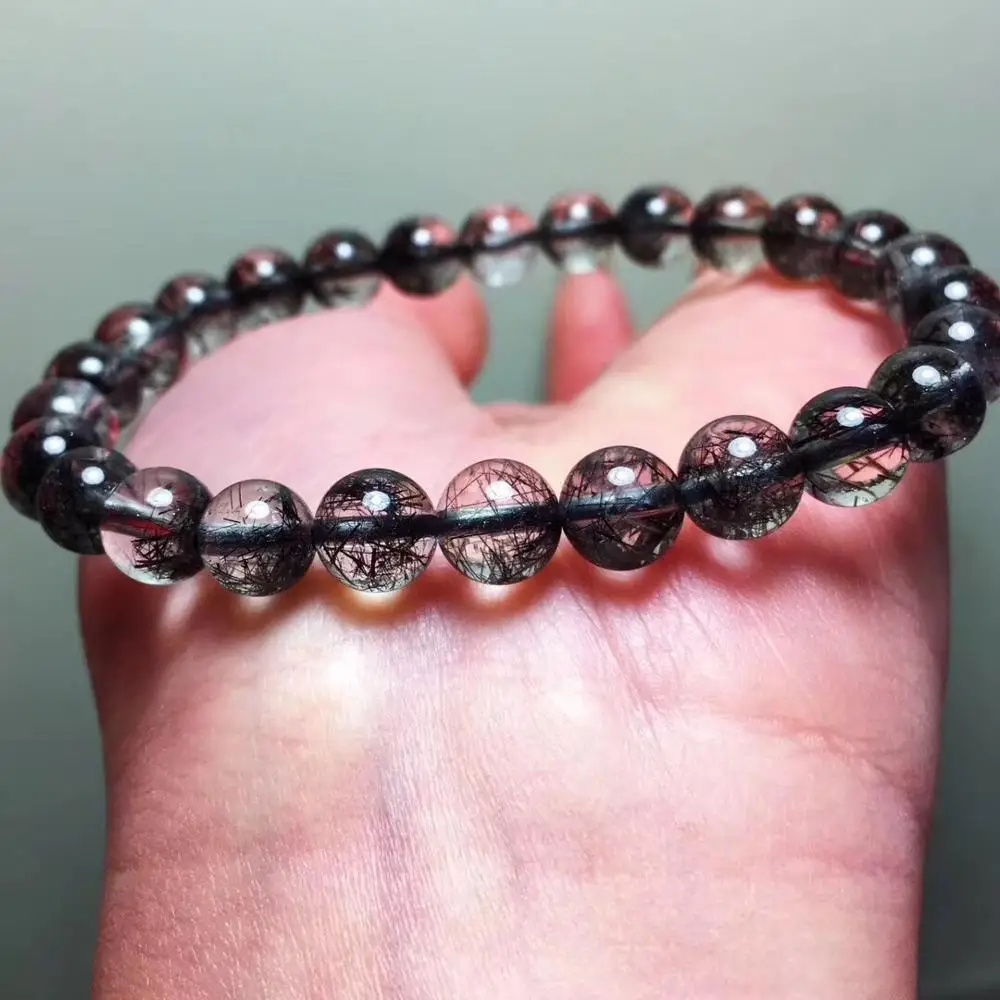 

7mm Top Natural Black Hair Rutilated Quartz Bracelet For Woman Lady Man Crsytal Brazil Round Beads Stone Fashion Jewelry AAAAA