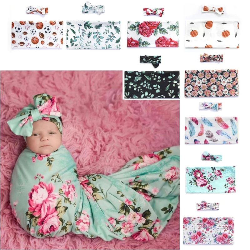 

Newborn Photography Prop Baby Blankets Printed Newborn Infant Baby Boys Girls Sleeping Swaddle Muslin Wrap Headband Set