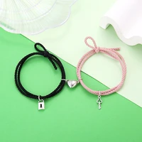 2pcs magnet couple bracelets for lovers lock heart magnetic bracelet for women men braided rope wrist chain minimalist jewelry