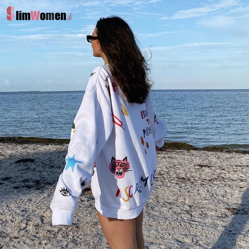 Свитшот женский оверсайз с длинным рукавом свободный белый Повседневный милый