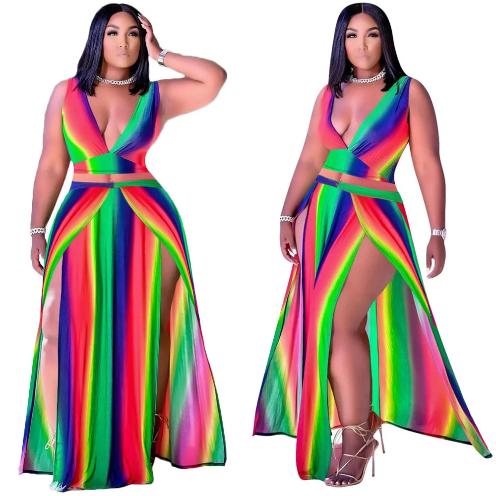 

2021 Woman Dress V-Neck Sexy Rainbow Office Lady Sleeveless