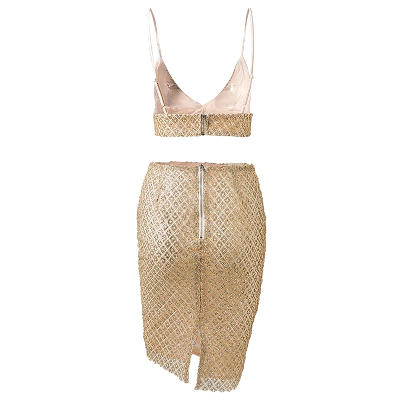 Платье женское золотое блестящее Сетчатое облегающее с глубоким вырезом без