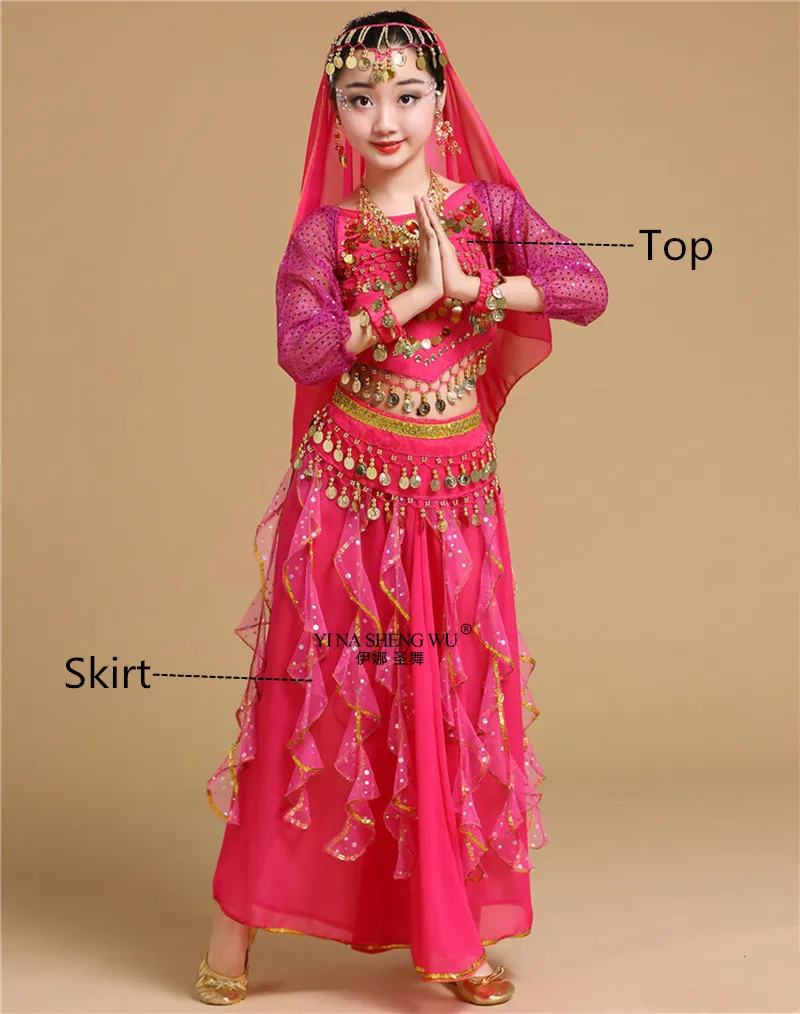 Rose 2pcs Детские костюмы для танца живота, индийские Детские костюмы для танца живота, одежда для восточных танцев для девочек, индийский комплект для выступлений в Болливуде, танец живота - Цвет: Rose 2pcs