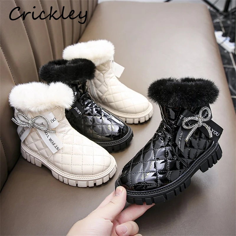 

Зимние Детские модные ботинки со стразами и бантом, однотонные клетчатые Теплые ботильоны из искусственной кожи и плюша для девочек, Нескол...